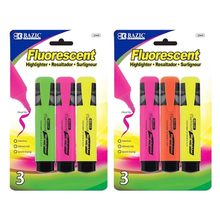 Bazic Products Fluorescent Highlighters with Pocket Clip; Pack of 3 - Case of 24 2343